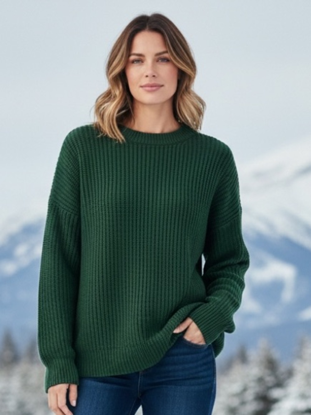 Cozy Rib-Knit Crewneck Sweater - Deep Green Size Medium